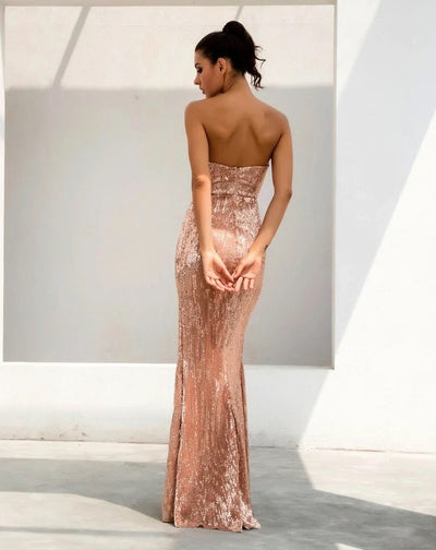 Disco Belle Champagne Sequin Strapless Split Maxi Gown Dress - Fashion Genie Boutique