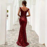 Monroe Burgundy Bardot Sequin Maxi Gown Dress - Fashion Genie Boutique