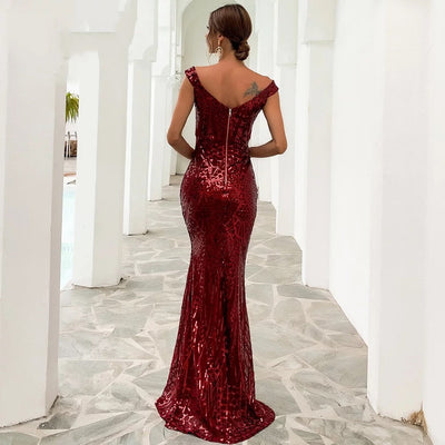 Monroe Burgundy Bardot Sequin Maxi Gown Dress - Fashion Genie Boutique