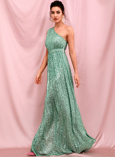 Sparkle All Night Green One Shoulder Sequin Maxi Dress - Fashion Genie Boutique