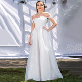 Sheer Romance White Bardot Tulle Maxi Gown Dress - Fashion Genie Boutique