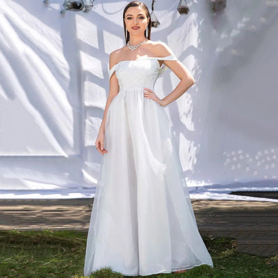 Sheer Romance White Bardot Tulle Maxi Gown Dress - Fashion Genie Boutique