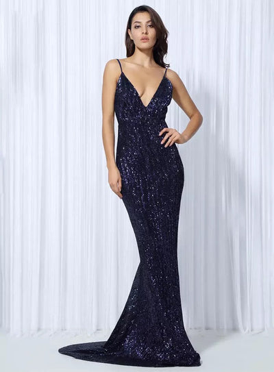 Goal Digger Navy Sequin Maxi Gown Dress - Fashion Genie Boutique