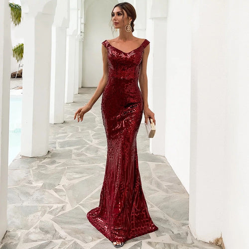 Monroe Burgundy Bardot Sequin Maxi Gown Dress - Fashion Genie Boutique