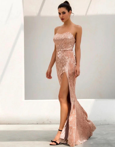Disco Belle Champagne Sequin Strapless Split Maxi Gown Dress - Fashion Genie Boutique