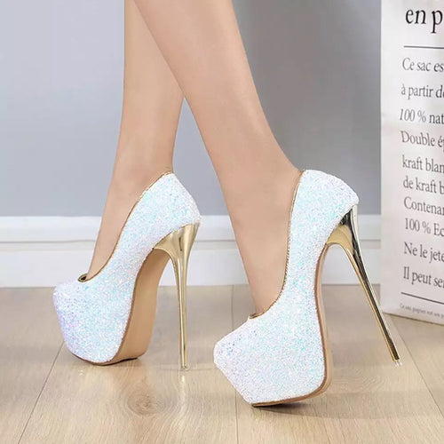 Out Of Reach White Sequin Platform Stiletto Heels - Fashion Genie Boutique
