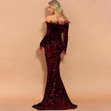 Be Mine Burgundy Bardot Feather Long Sleeve Maxi Fishtail Dress - Fashion Genie Boutique