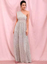 Sparkle All Night Silver One Shoulder Sequin Maxi Dress - Fashion Genie Boutique