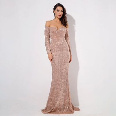 Dressed To Thrill Gold Sequin Bardot Maxi Dress - Fashion Genie Boutique