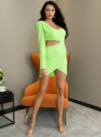 Deep Into You Green Asymmetrical Glitter Mini Dress - Fashion Genie Boutique