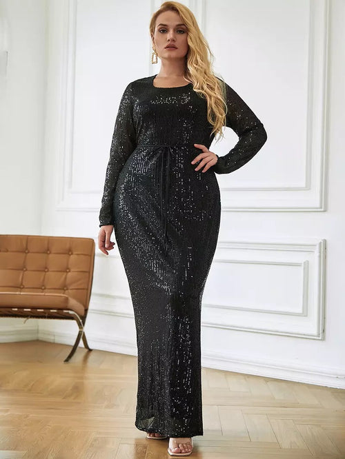 Wanderlust Black Sequin Long Sleeve Maxi Dress - Plus - Fashion Genie Boutique