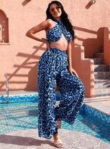 Wild Time Blue Leopard Print Changeable Top & Wide Leg Trousers Co-Ord - Fashion Genie Boutique