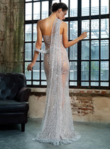 Glam Squad Silver Asymmetrical Glitter High Split Maxi Dress - Fashion Genie Boutique