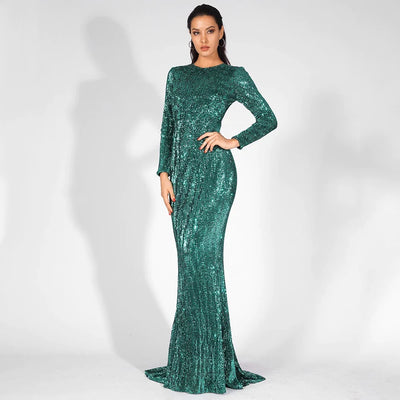 Never Enough Green Sequin Long Sleeve Maxi Fishtail Dress - Fashion Genie Boutique