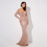 Dressed To Thrill Gold Sequin Bardot Maxi Dress - Fashion Genie Boutique
