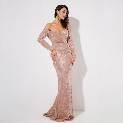 Dressed To Thrill Gold Sequin Bardot Maxi Dress - Fashion Genie Boutique
