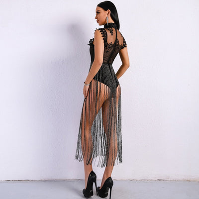 Gamble On Me Black Mesh Sequin Fringe Bodysuit - Fashion Genie Boutique