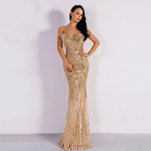 Monroe Gold Bardot Sequin Maxi Gown Dress - Fashion Genie Boutique