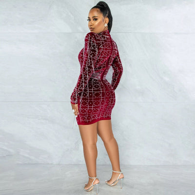 City Sleek Red Rhinestone Embellished Long Sleeve Mini Dress - Fashion Genie Boutique