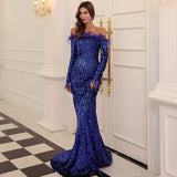 Be Mine Navy Bardot Feather Long Sleeve Maxi Fishtail Dress - Fashion Genie Boutique