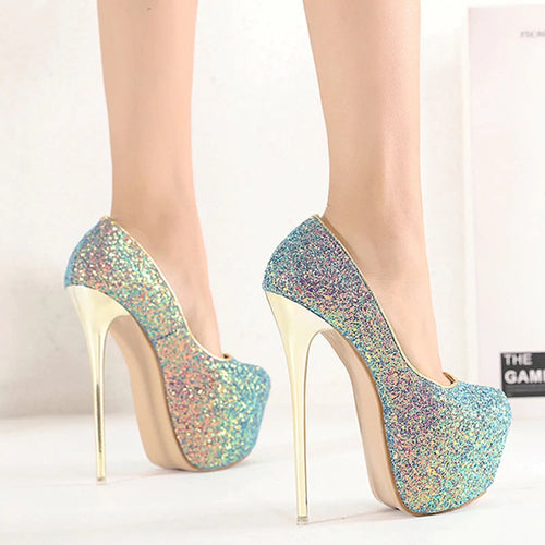 Out Of Reach Blue Sequin Platform Stiletto Heels - Fashion Genie Boutique