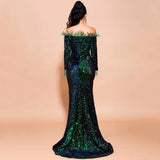 Be Mine Green Bardot Feather Long Sleeve Maxi Fishtail Dress - Fashion Genie Boutique