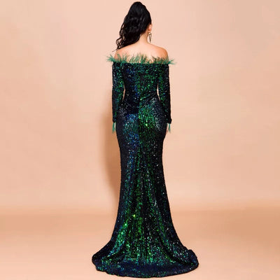 Be Mine Green Bardot Feather Long Sleeve Maxi Fishtail Dress - Fashion Genie Boutique