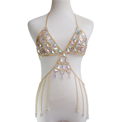 Showtime Glitter Gold Rhinestone Body Bralette - Fashion Genie Boutique