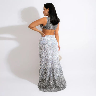 Gabrielle Silver Iridescent High Split Sequin Maxi Dress - Fashion Genie Boutique