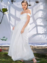 Sheer Romance White Bardot Tulle Maxi Gown Dress - Fashion Genie Boutique