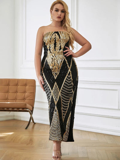 Enchanted Black & Gold Strapless Sequin Midi Dress - Plus - Fashion Genie Boutique