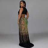Gabrielle Black Iridescent High Split Sequin Maxi Dress - Fashion Genie Boutique