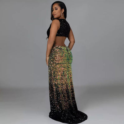 Gabrielle Black Iridescent High Split Sequin Maxi Dress - Fashion Genie Boutique