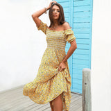 Falling Hard Yellow Bardot Floral Print Midi Dress - Fashion Genie Boutique