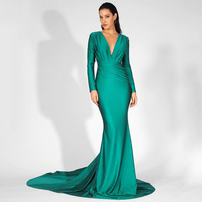 Always Dreaming Green Long Sleeve Fishtail Maxi Gown Dress - Fashion Genie Boutique