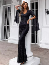 Deepest Devotion Black Draped Sleeve Sequin Maxi Dress - Fashion Genie Boutique