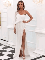 After You White One Shoulder Sequin Split Maxi Dress - Fashion Genie Boutique