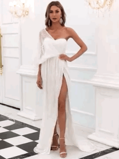 After You White One Shoulder Sequin Split Maxi Dress - Fashion Genie Boutique
