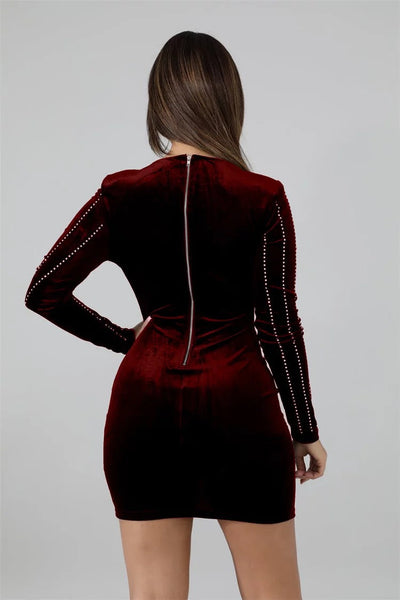 Cafe Society Burgundy Long Sleeve Rhinestone Mini Dress - Fashion Genie Boutique