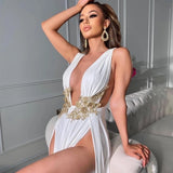 High Shine White Deep Plunge Floaty Maxi Dress - Fashion Genie Boutique