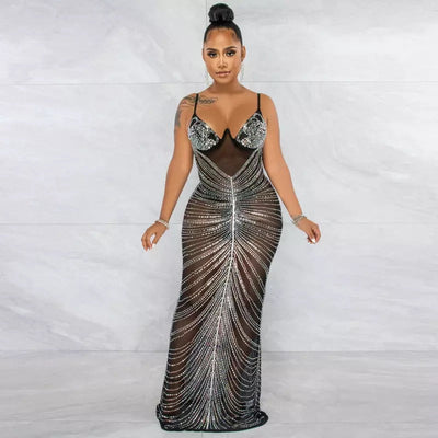 Love Affair Black Mesh Rhinestone Embellished Maxi Dress - Fashion Genie Boutique