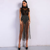 Gamble On Me Black Mesh Sequin Fringe Bodysuit - Fashion Genie Boutique