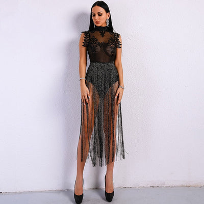 Gamble On Me Black Mesh Sequin Fringe Bodysuit - Fashion Genie Boutique