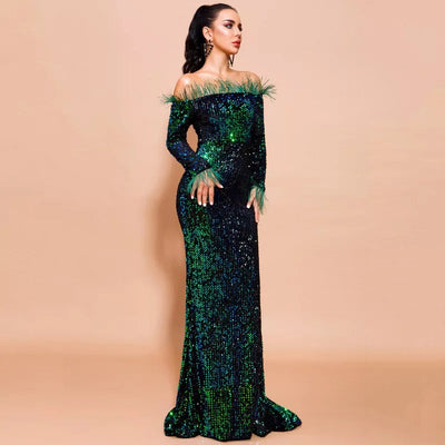Be Mine Green Bardot Feather Long Sleeve Maxi Fishtail Dress - Fashion Genie Boutique