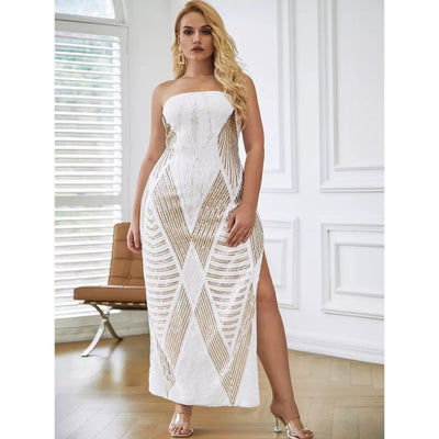Enchanted White & Gold Strapless Sequin Midi Dress - Plus - Fashion Genie Boutique