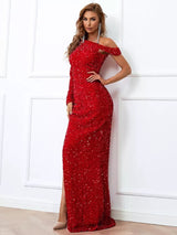 Make a Wish Red Bardot Asymmetrical Sequin Maxi Dress - Fashion Genie Boutique