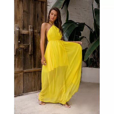 Leonie Yellow Halter Floaty Maxi Dress - Fashion Genie Boutique