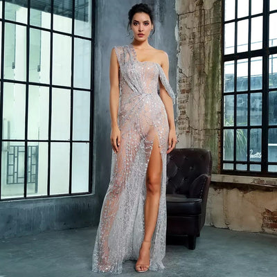 Glam Squad Silver Asymmetrical Glitter High Split Maxi Dress - Fashion Genie Boutique