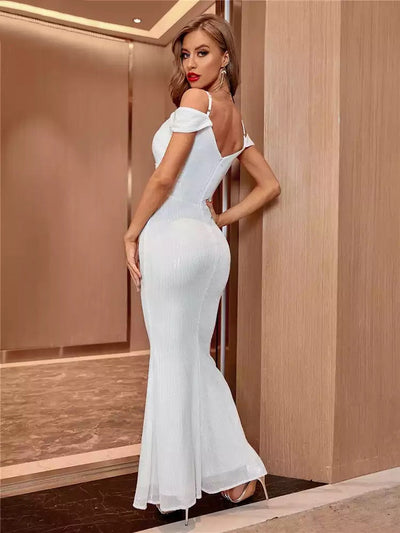 Pearlescent White Cold Shoulder Maxi Fishtail Dress - Fashion Genie Boutique