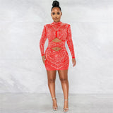 Farrah Red Rhinestone Embellished Mesh Long Sleeve Mini Dress - Fashion Genie Boutique